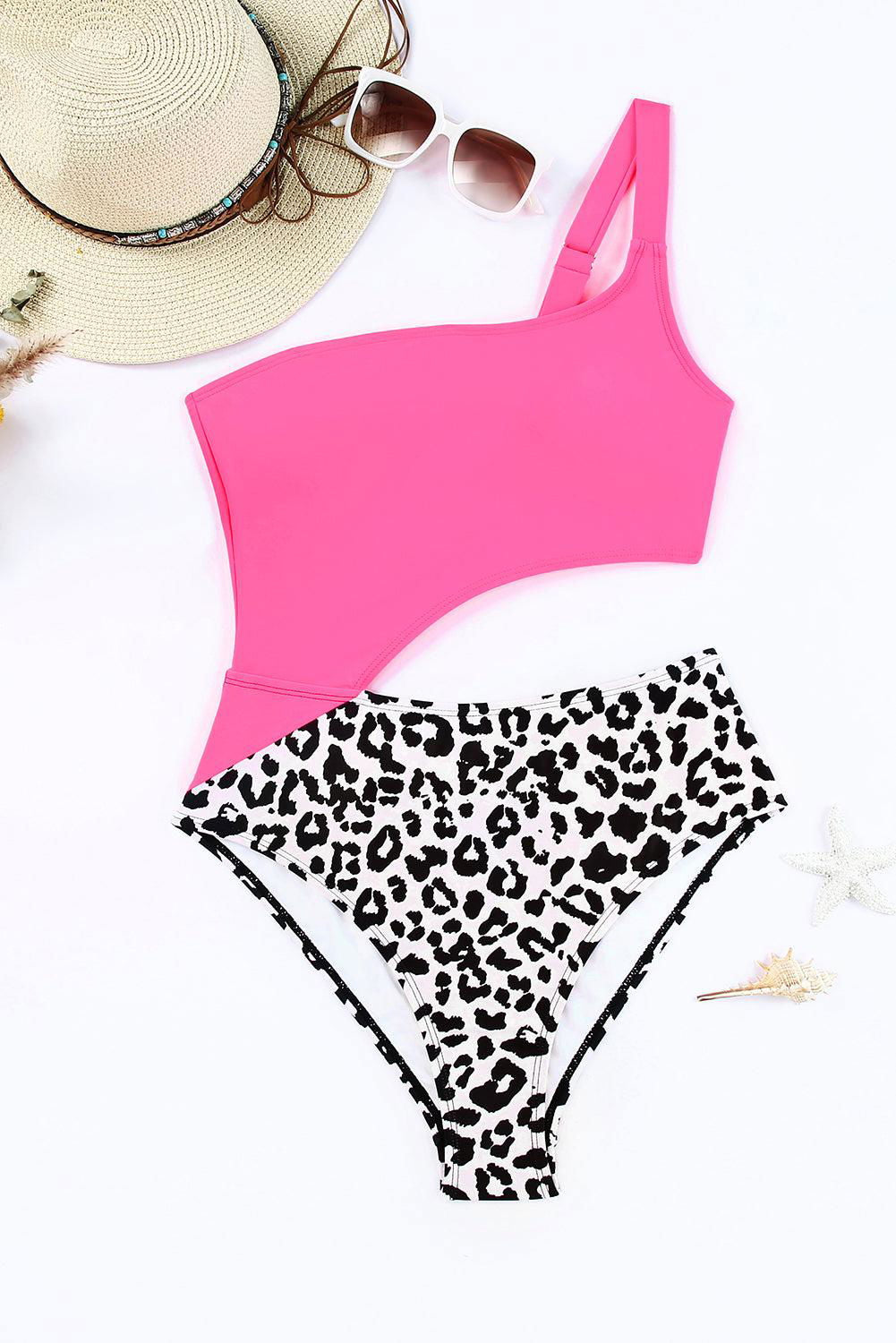 Leopard Cutout One-Shoulder One-Piece Swimsuit - Vesteeto