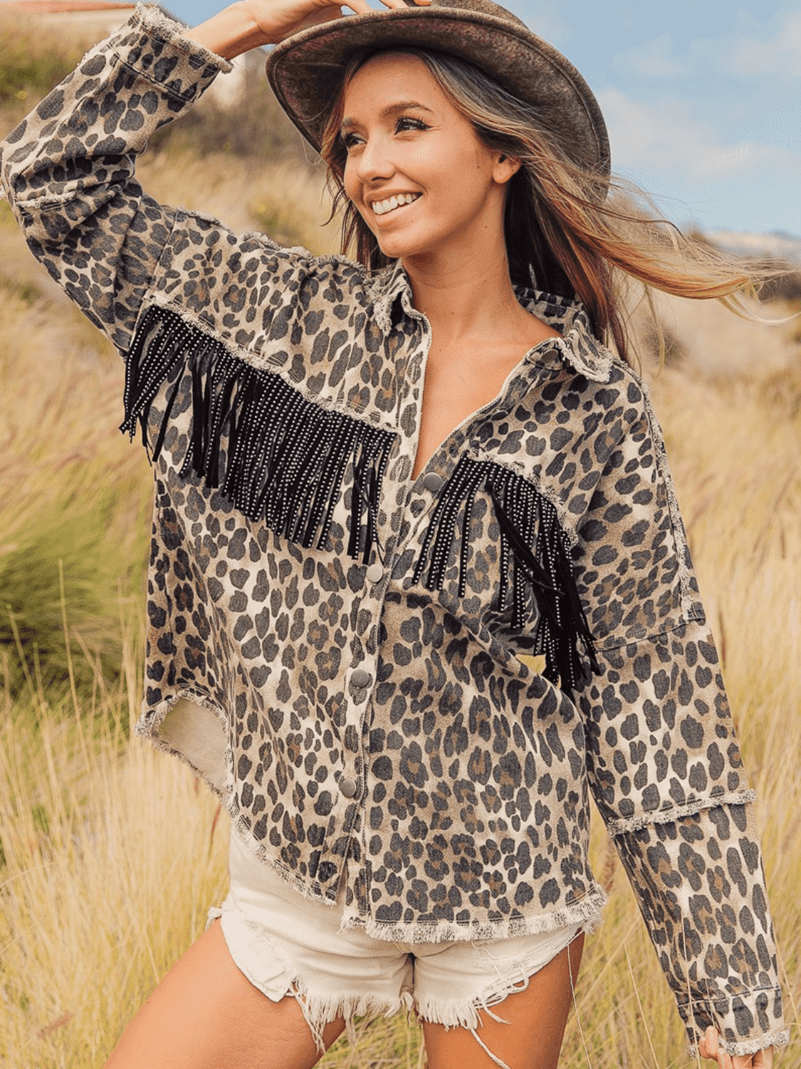 Leopard Fringe Detail Collared Neck Denim Jacket - Vesteeto