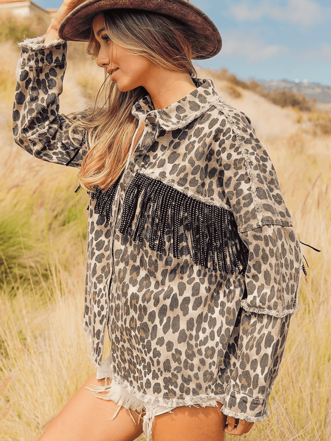 Leopard Fringe Detail Collared Neck Denim Jacket - Vesteeto