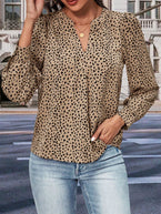 Leopard Notched Neck Puff Sleeve Blouse - Vesteeto