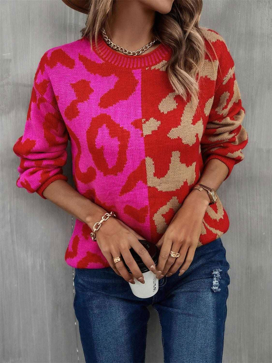 Leopard Round Neck Long Sleeve Sweater - Vesteeto