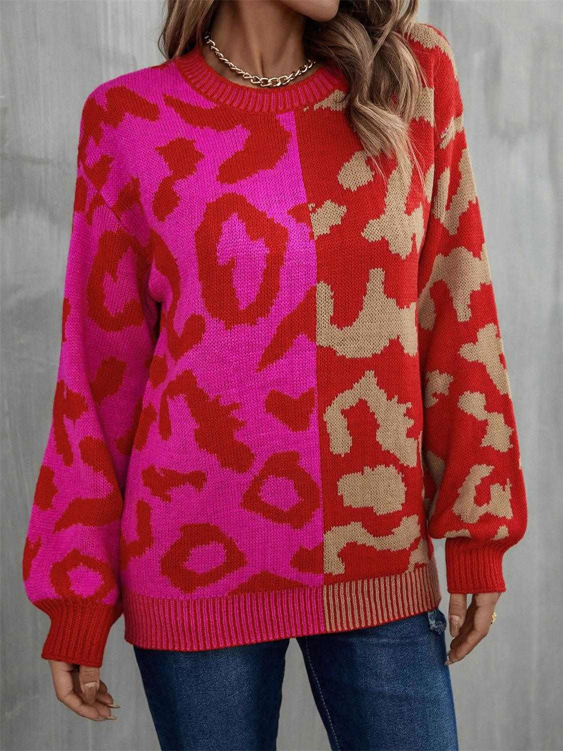 Leopard Round Neck Long Sleeve Sweater - Vesteeto