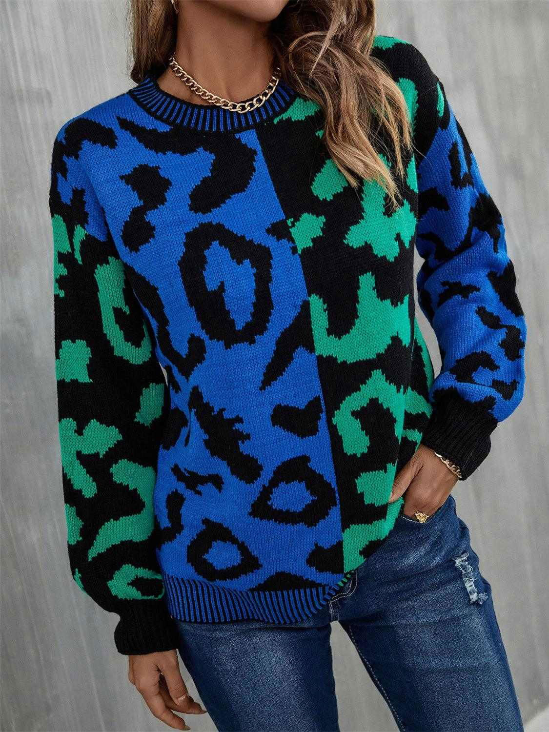 Leopard Round Neck Long Sleeve Sweater - Vesteeto