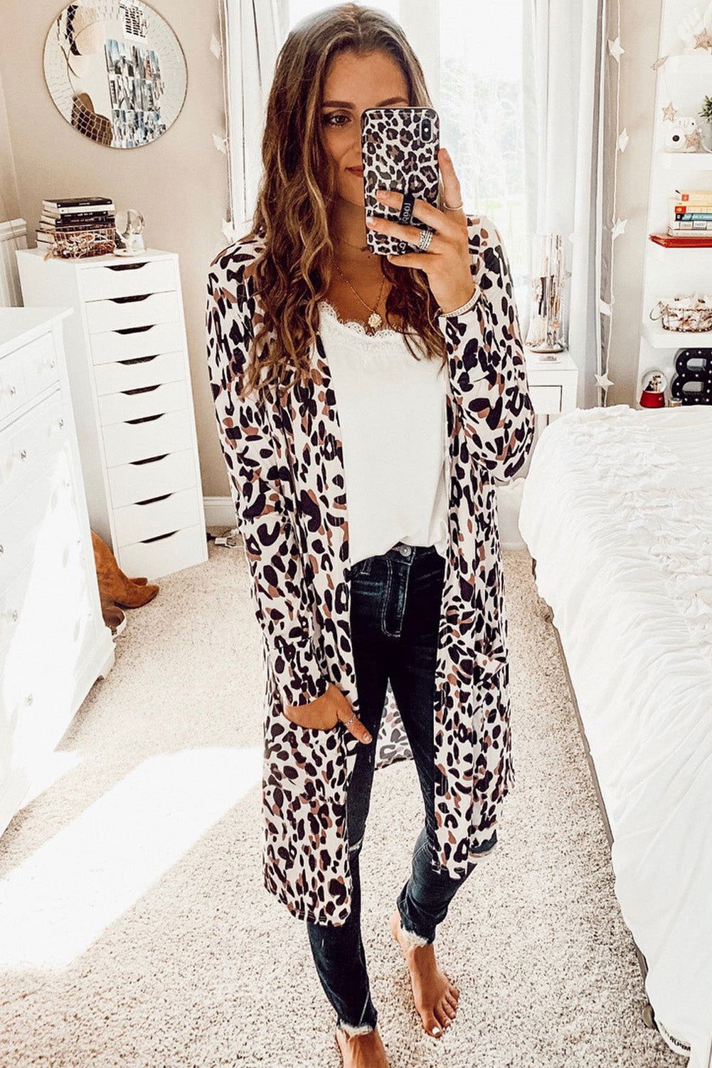 Leopard Side Pocket Open Front Duster Cardigan - Vesteeto