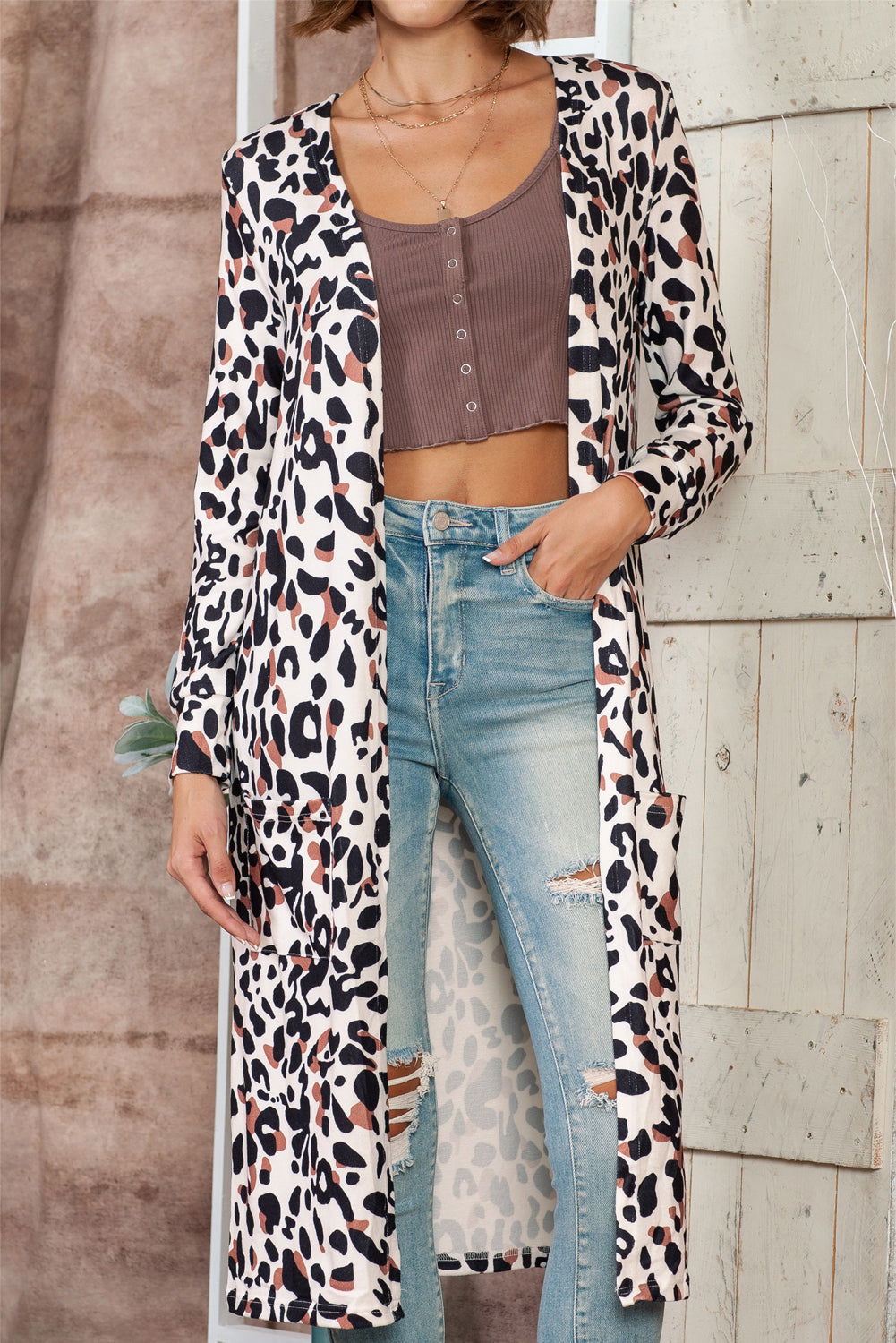 Leopard Side Pocket Open Front Duster Cardigan - Vesteeto