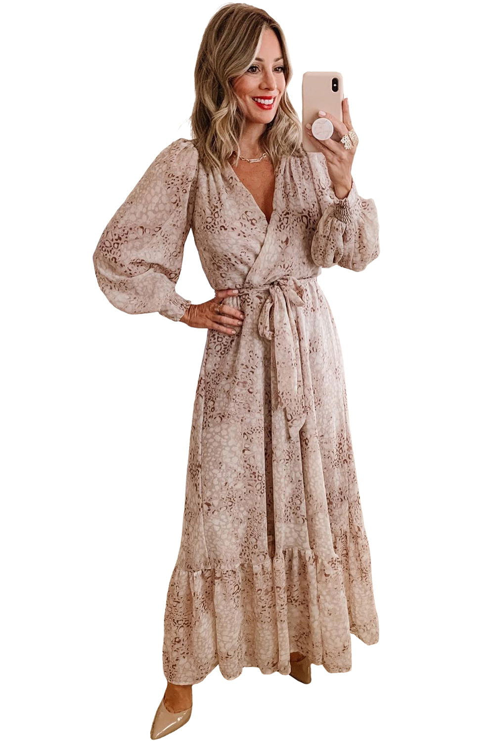 Leopard Surplice V Neck Bubble Sleeve Sash Maxi Dress - Vesteeto