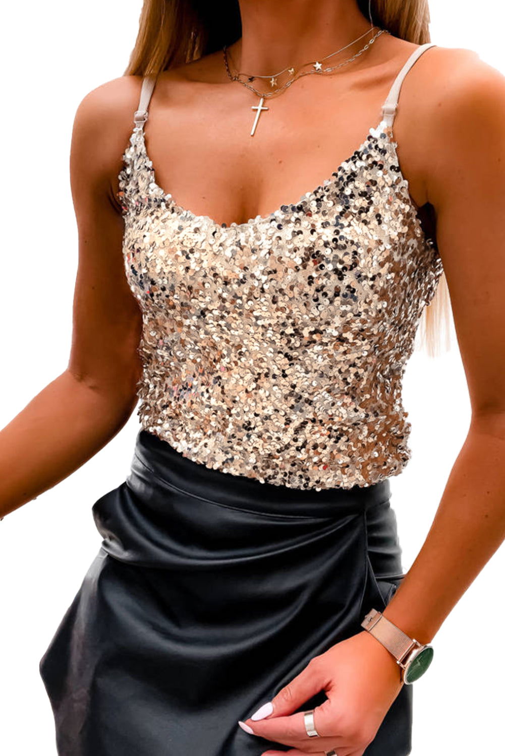 Light Beige Adjustable Spaghetti Straps Sequins Camisole - Vesteeto