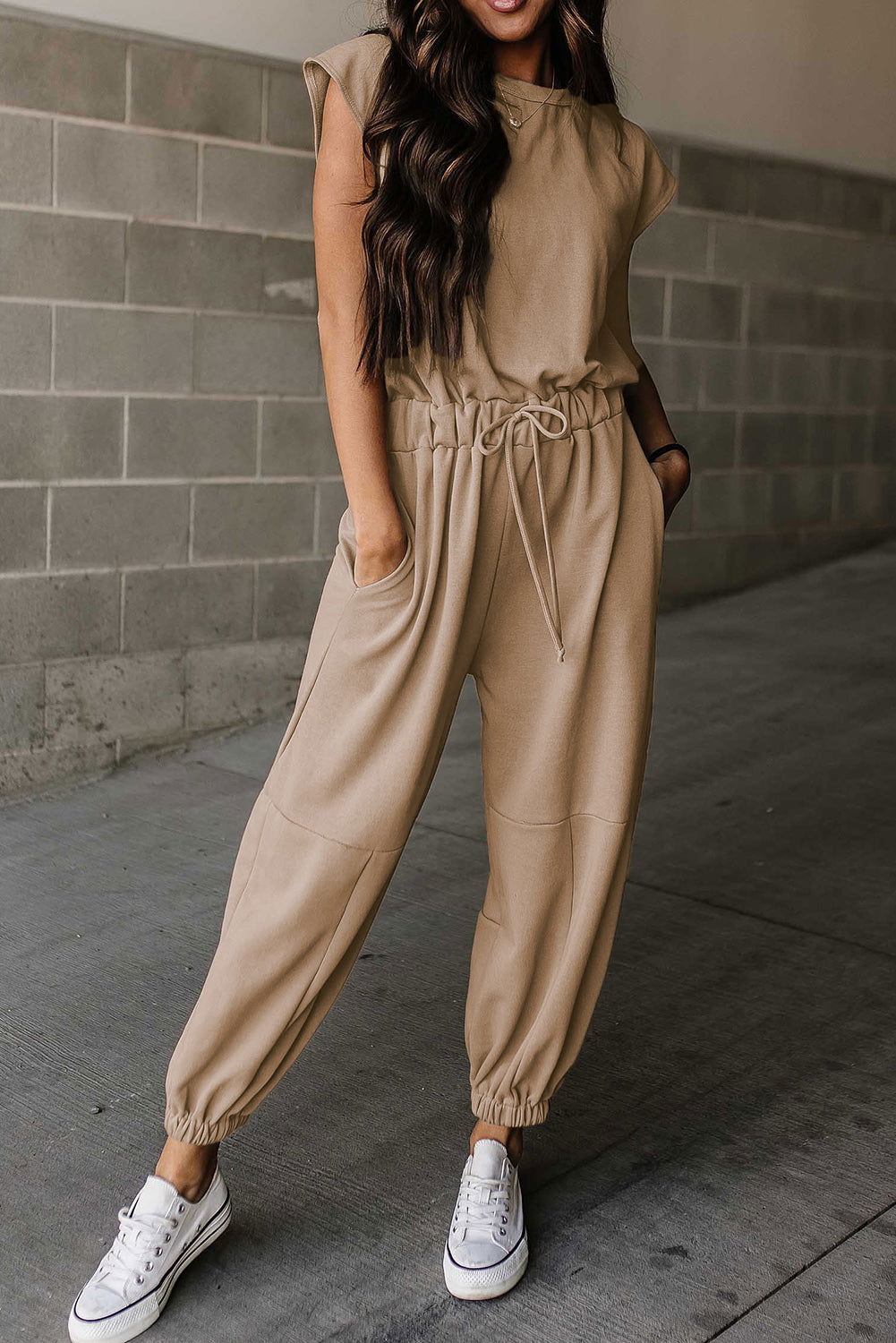 Light Beige Cap Sleeve Backless Drawstring Jogger Jumpsuit - Vesteeto