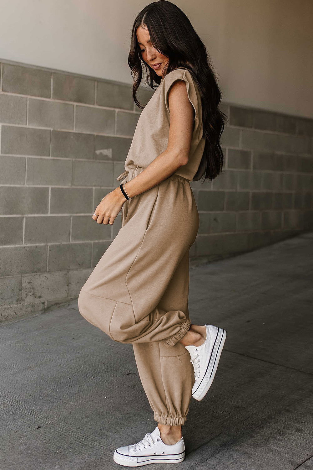 Light Beige Cap Sleeve Backless Drawstring Jogger Jumpsuit - Vesteeto