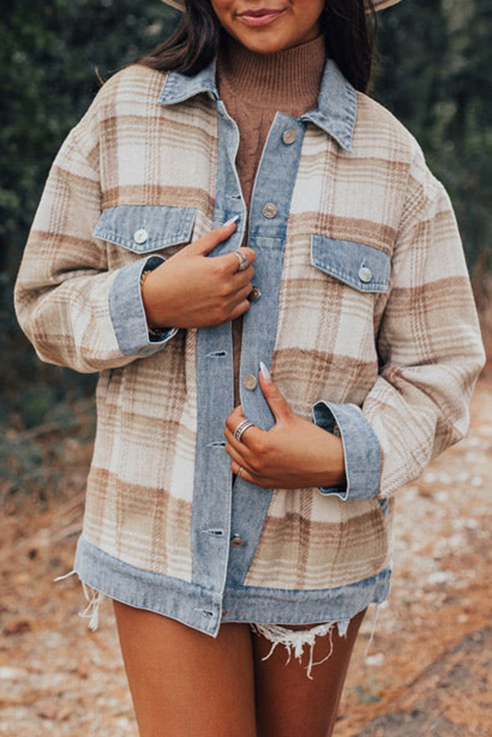 Light Beige Plaid Patchwork Flap Pocket Button Up Shacket - Vesteeto