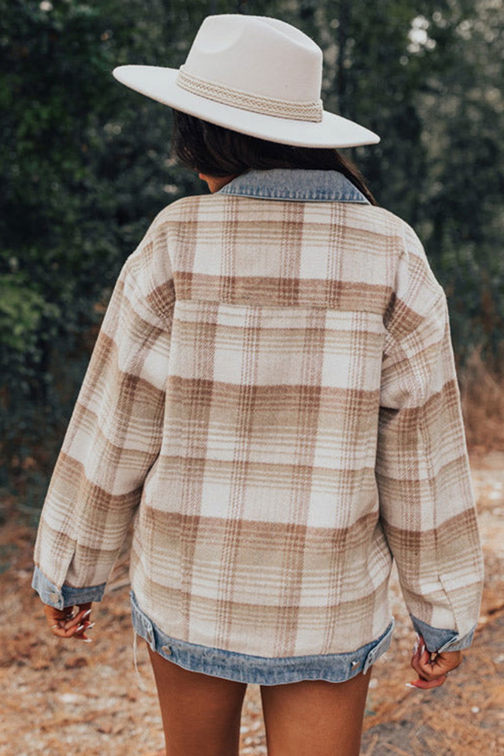 Light Beige Plaid Patchwork Flap Pocket Button Up Shacket - Vesteeto