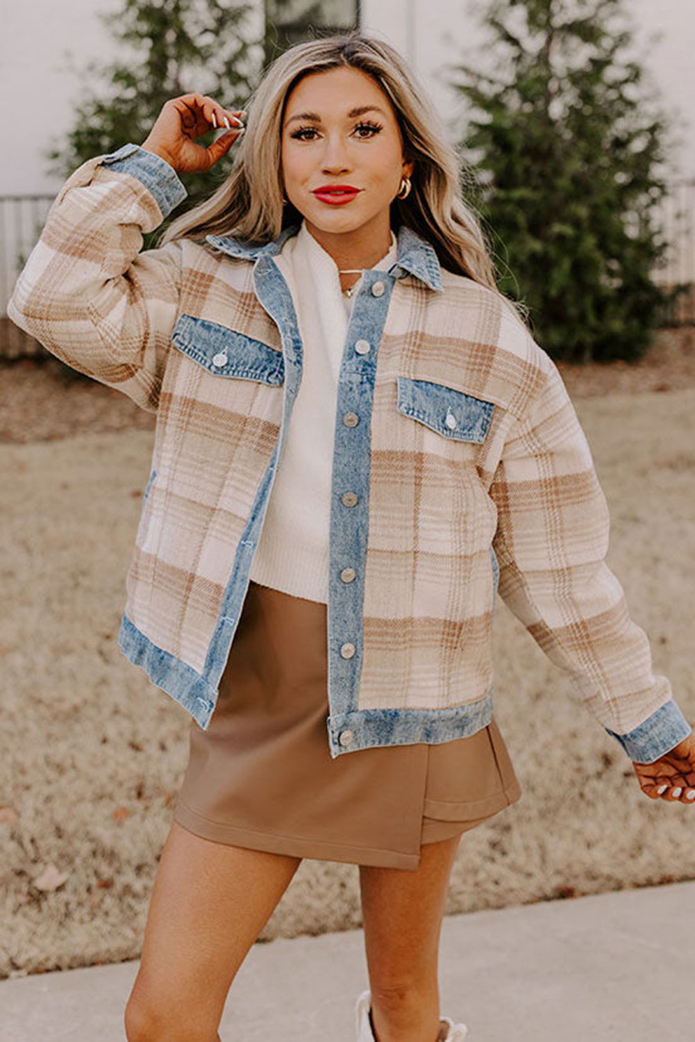 Light Beige Plaid Patchwork Flap Pocket Button Up Shacket - Vesteeto