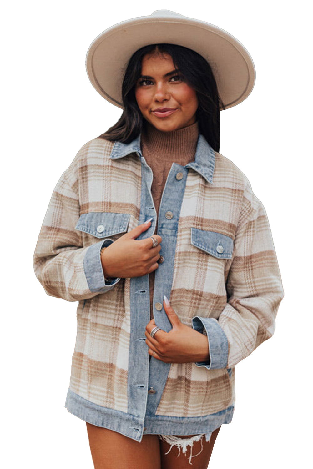 Light Beige Plaid Patchwork Flap Pocket Button Up Shacket - Vesteeto