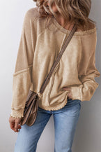 Light Beige Waffle Patchwork Raglan Sleeve Exposed Seam Sweatshirt - Vesteeto