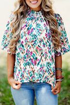 Light Blue Abstract Print Puff Sleeve Mock Neck Blouse - Vesteeto