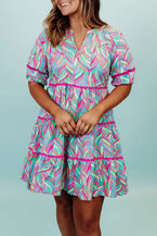 Light Blue Abstract Print Ric Rac Split Neck A Line Dress - Vesteeto