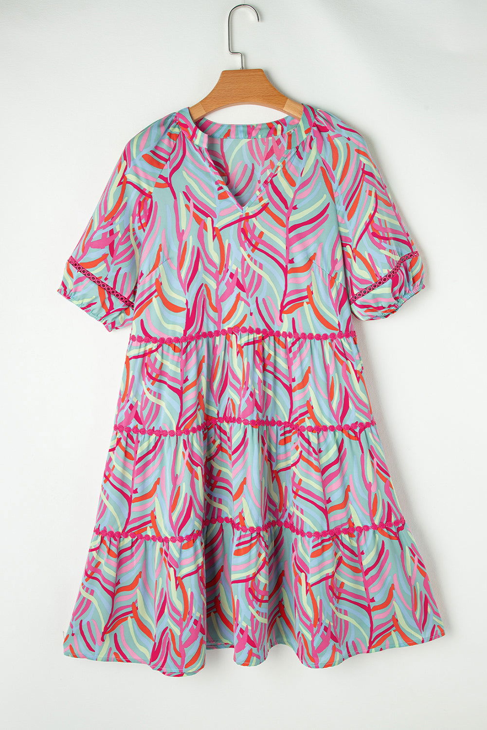 Light Blue Abstract Print Ric Rac Split Neck A Line Dress - Vesteeto