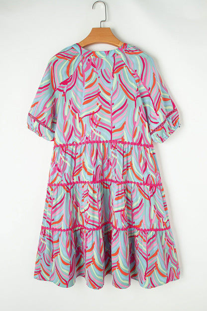 Light Blue Abstract Print Ric Rac Split Neck A Line Dress - Vesteeto