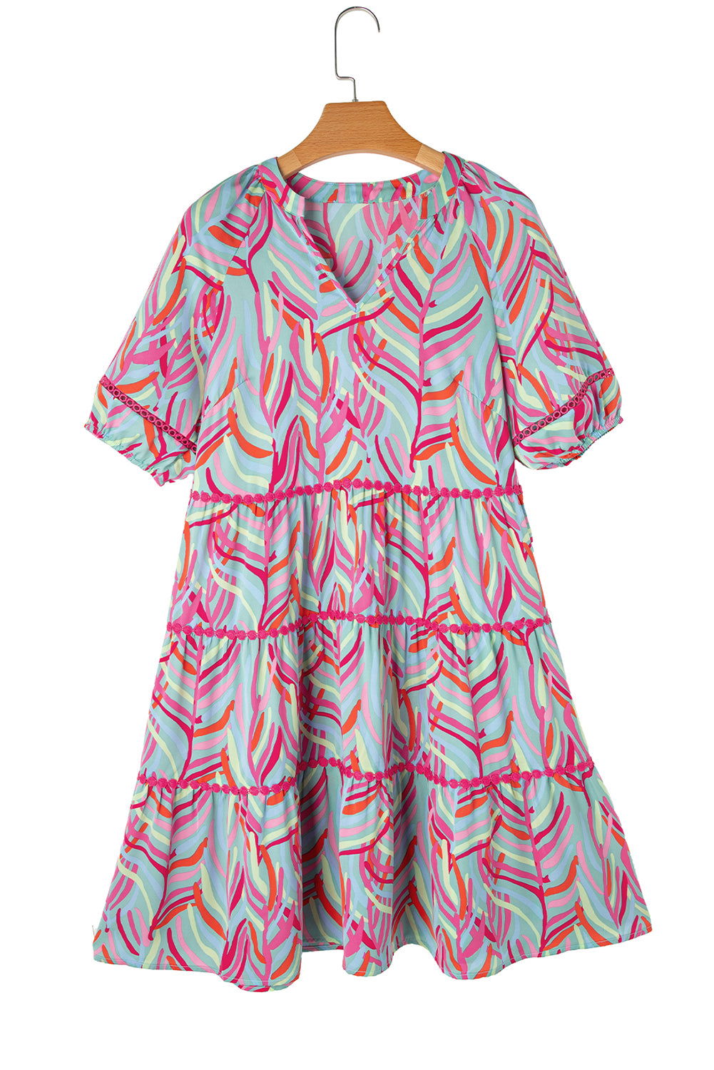 Light Blue Abstract Print Ric Rac Split Neck A Line Dress - Vesteeto