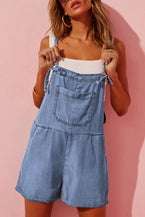 Light Blue Adjustable Knotted Straps Pocketed Denim Overalls - Vesteeto