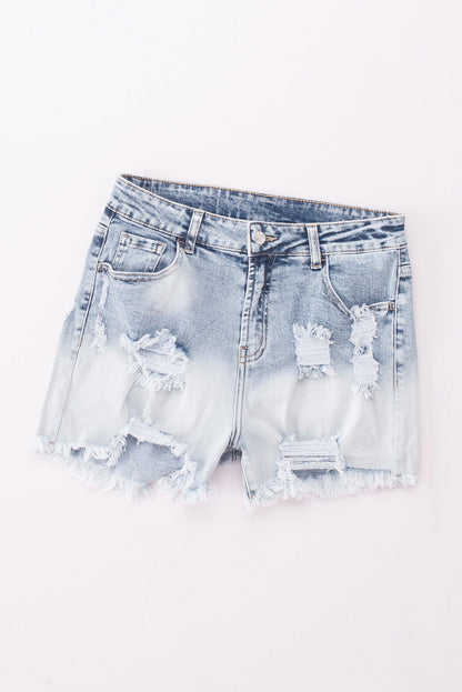 Light Blue Bleached Wash Distressed Denim Shorts - Vesteeto