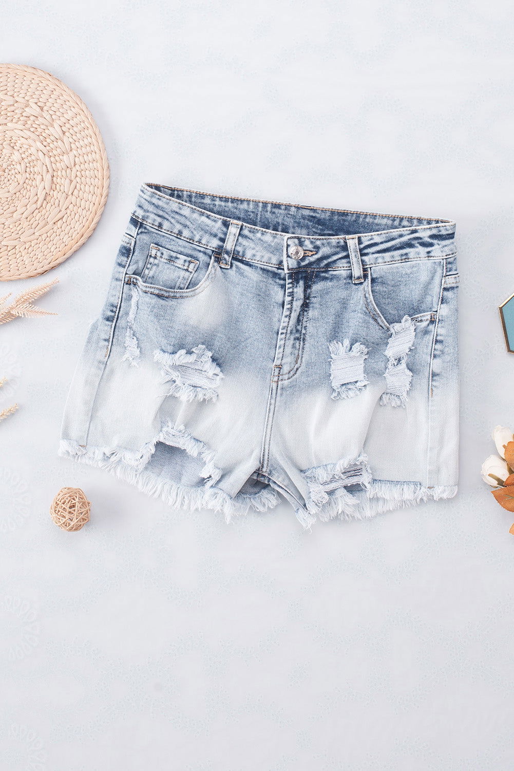 Light Blue Bleached Wash Distressed Denim Shorts - Vesteeto