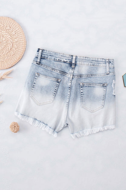 Light Blue Bleached Wash Distressed Denim Shorts - Vesteeto