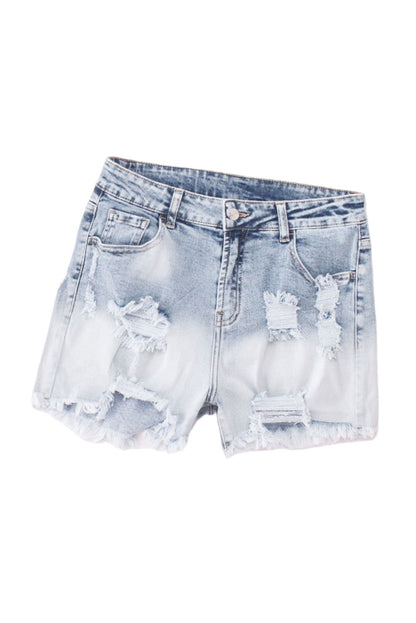 Light Blue Bleached Wash Distressed Denim Shorts - Vesteeto