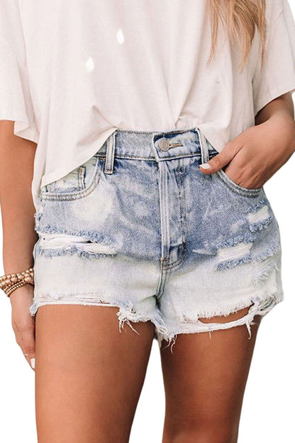 Light Blue Bleached Wash Distressed Denim Shorts - Vesteeto