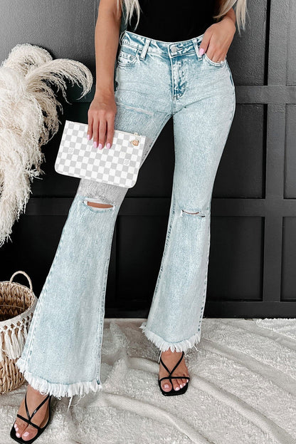 Light Blue Casual Distressed Washed Flare Jeans - Vesteeto