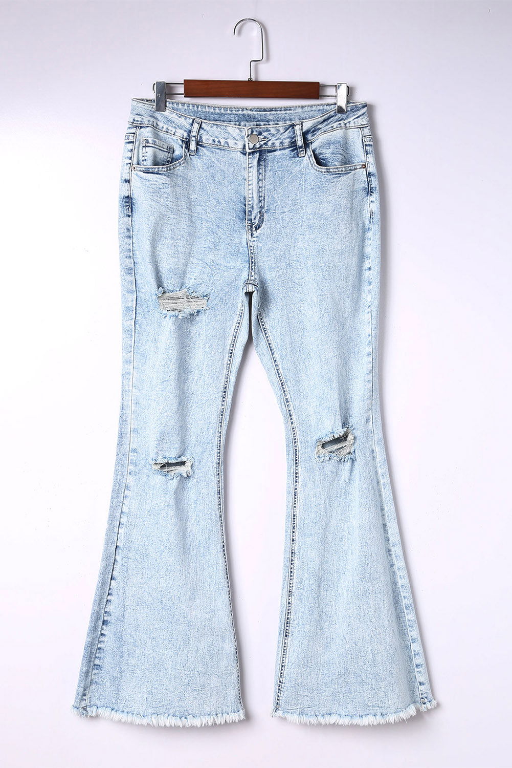 Light Blue Casual Distressed Washed Flare Jeans - Vesteeto