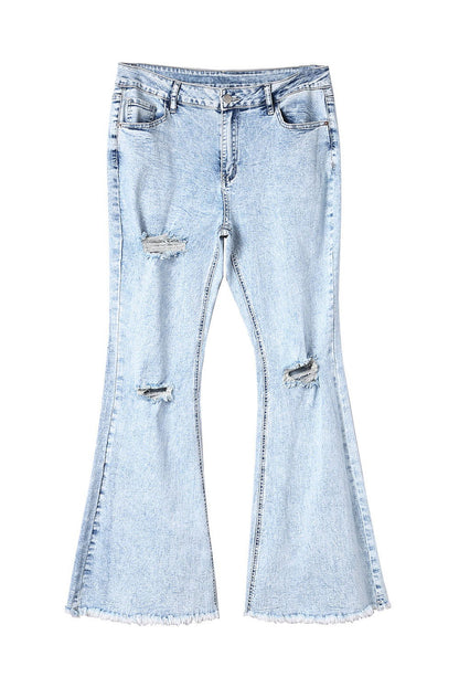 Light Blue Casual Distressed Washed Flare Jeans - Vesteeto