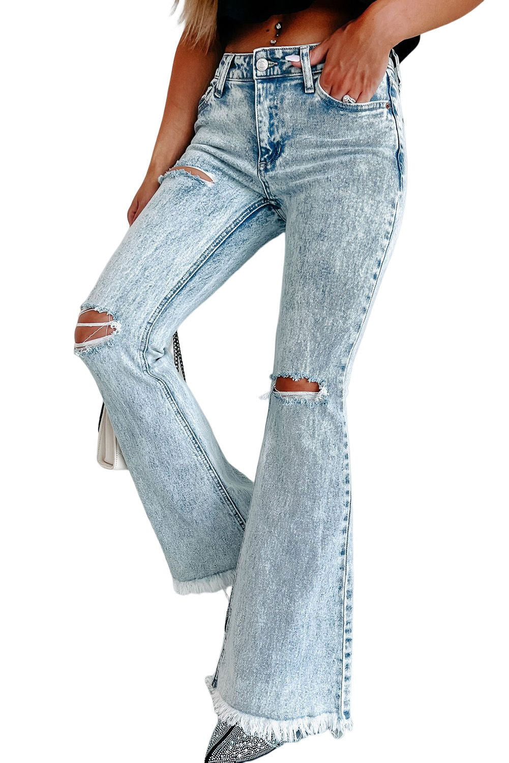 Light Blue Casual Distressed Washed Flare Jeans - Vesteeto