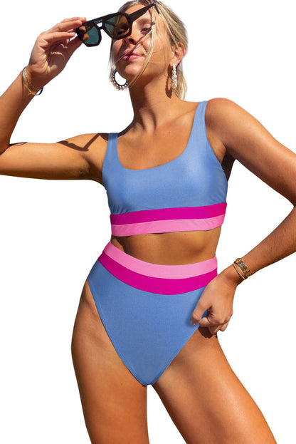 Light Blue Colorblock High Waisted Bikini Swimsuit - Vesteeto