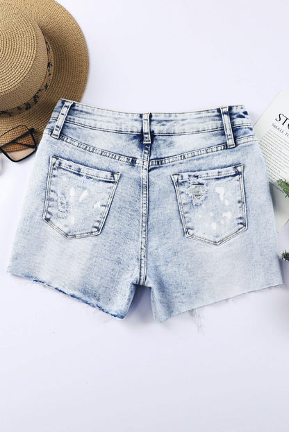 Light Blue Distressed Raw Hem Casual Bleached Denim Shorts - Vesteeto