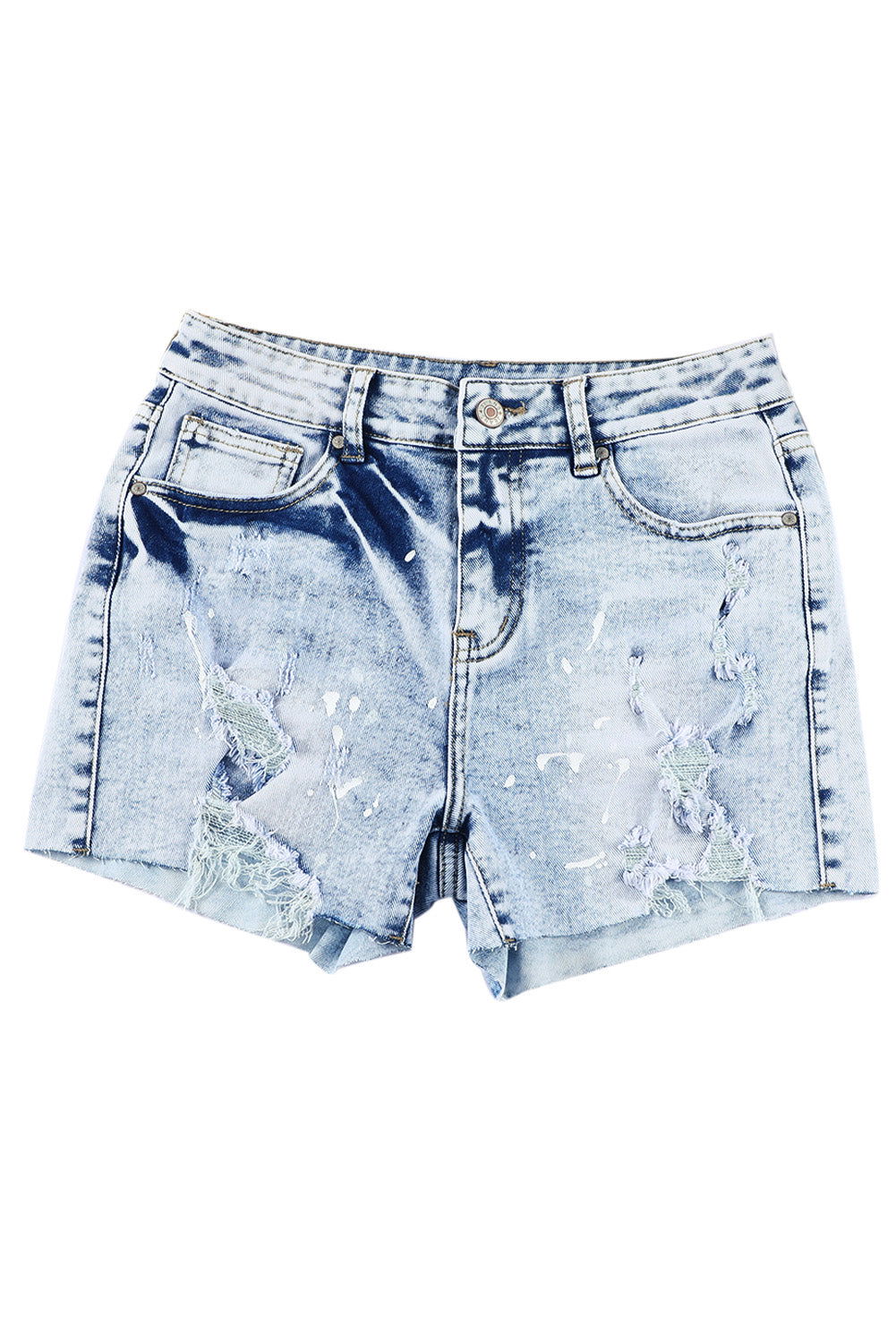 Light Blue Distressed Raw Hem Casual Bleached Denim Shorts - Vesteeto