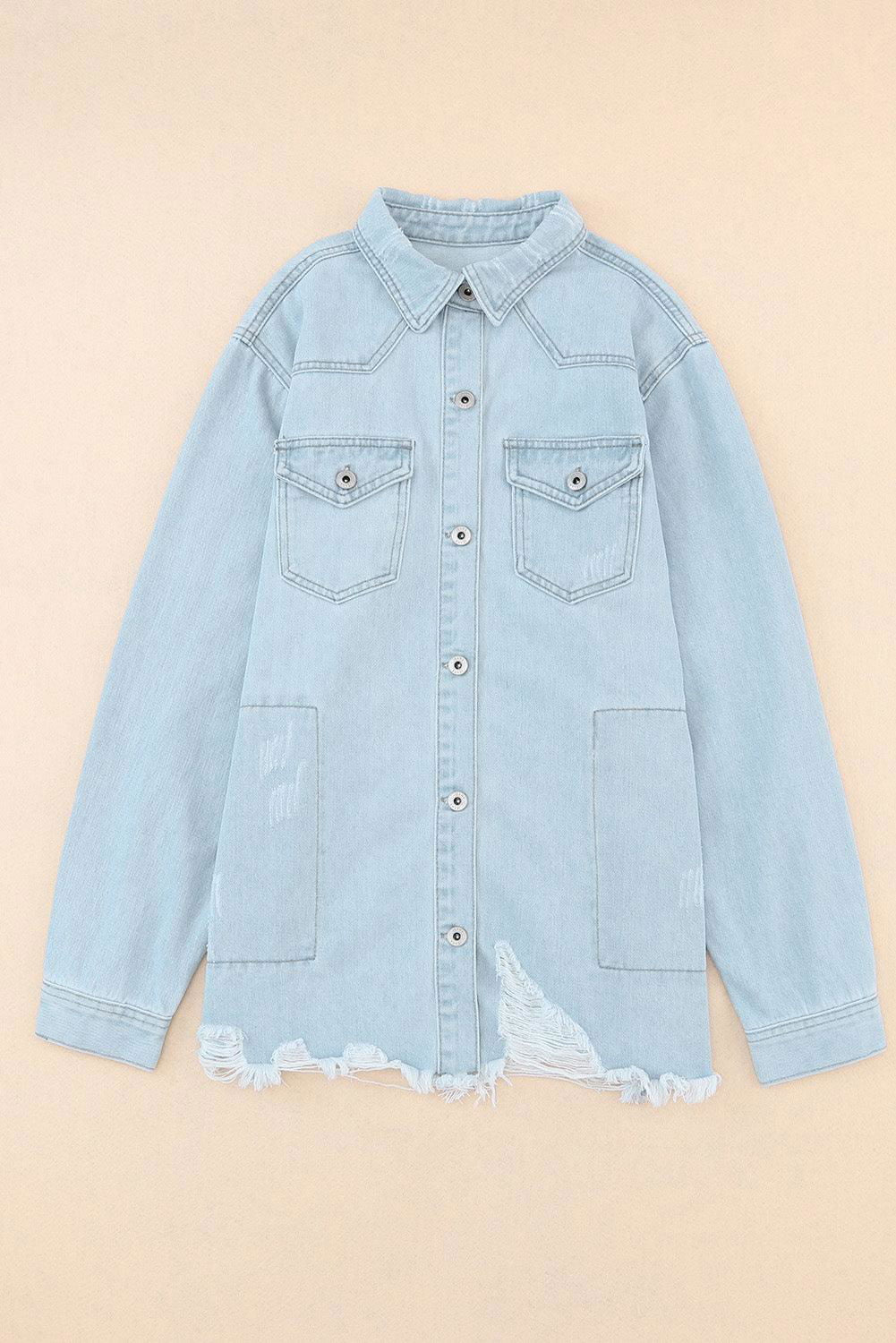 Light Blue Flap Pocket Buttoned Raw Hem Denim Shacket - Vesteeto