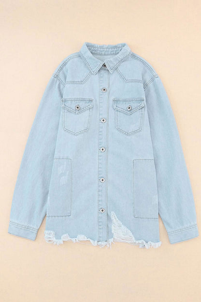 Light Blue Flap Pocket Buttoned Raw Hem Denim Shacket - Vesteeto