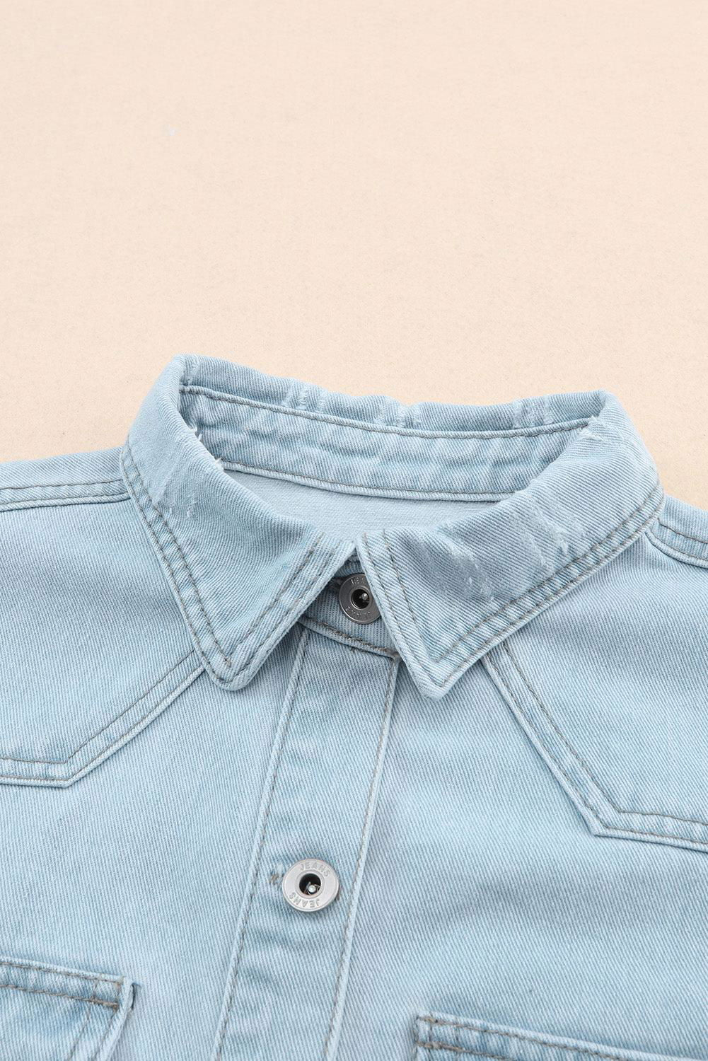 Light Blue Flap Pocket Buttoned Raw Hem Denim Shacket - Vesteeto