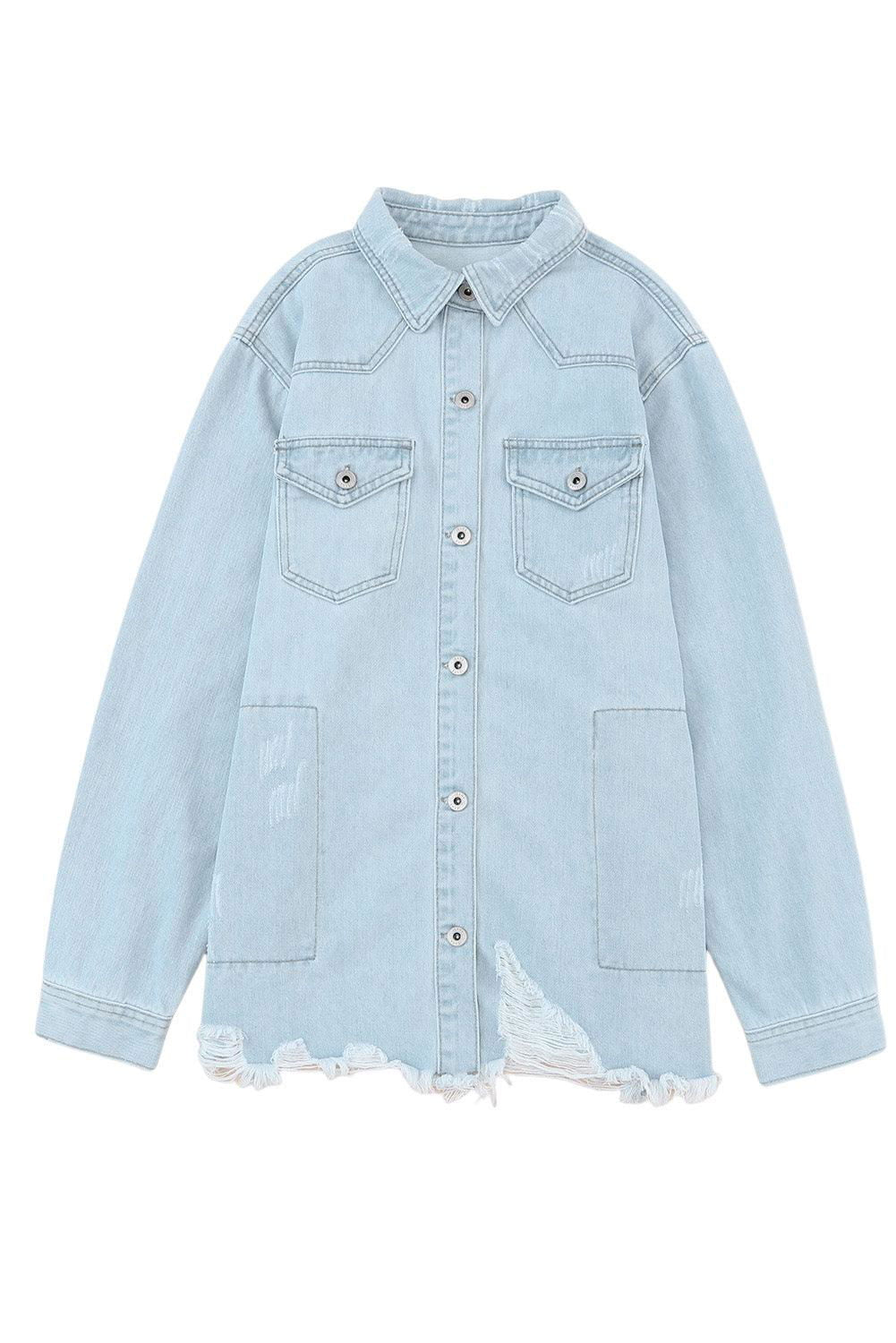 Light Blue Flap Pocket Buttoned Raw Hem Denim Shacket - Vesteeto