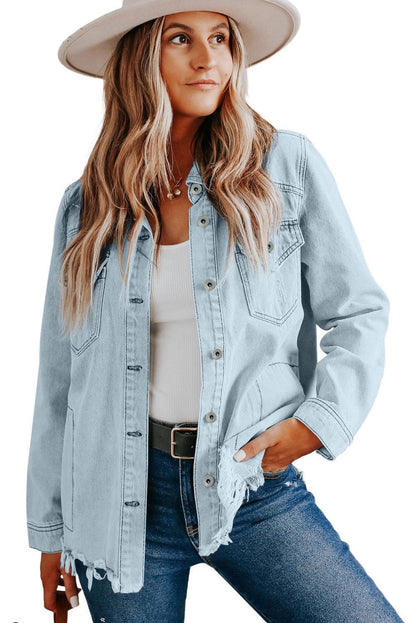 Light Blue Flap Pocket Buttoned Raw Hem Denim Shacket - Vesteeto