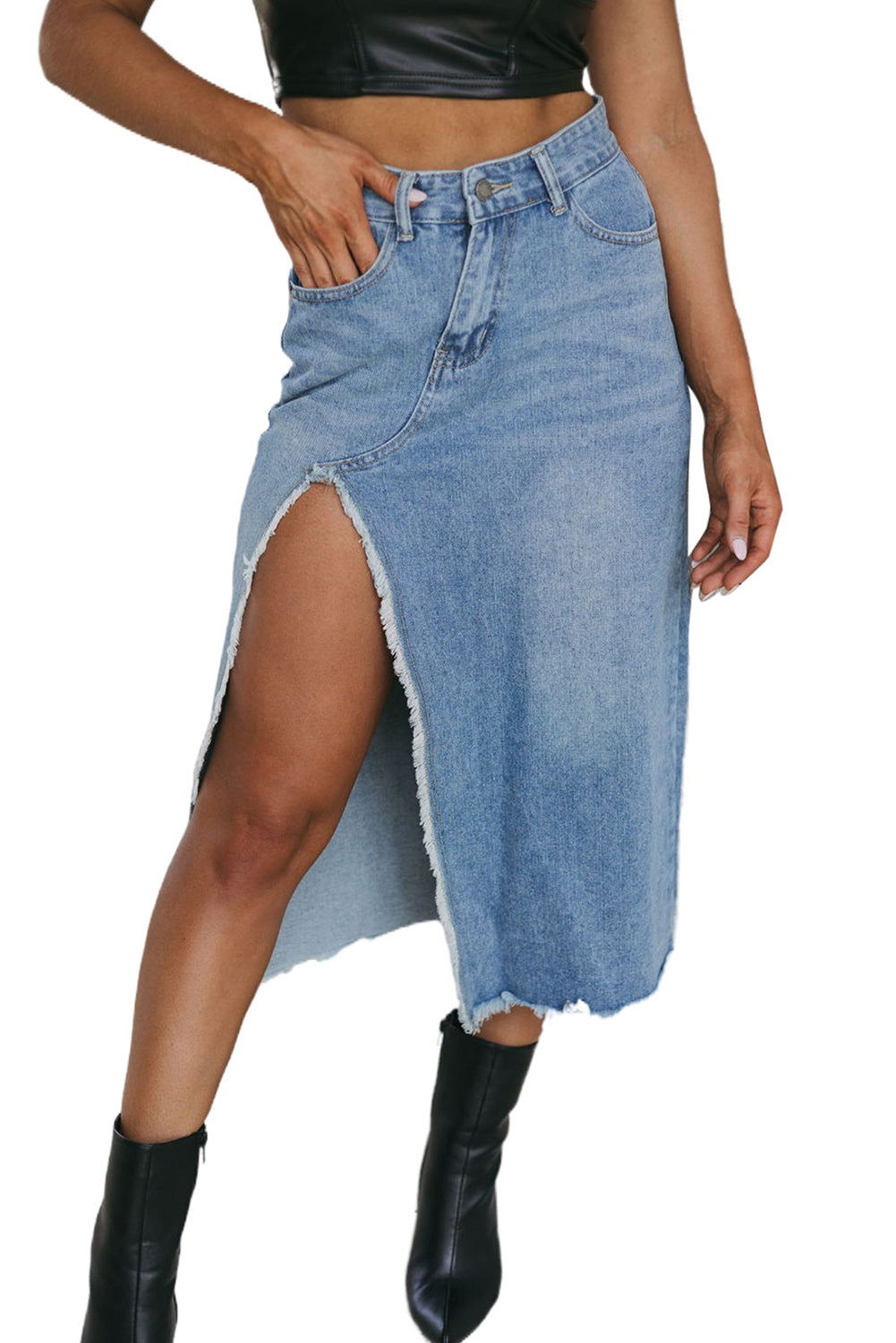 Light Blue Frayed Slit Asymmetric Denim Midi Skirt - Vesteeto