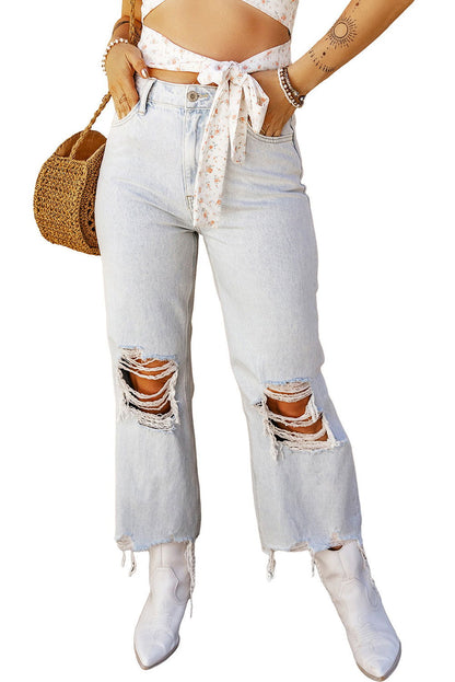 Light Blue High Rise Ripped Frayed Hem Straight Jeans - Vesteeto