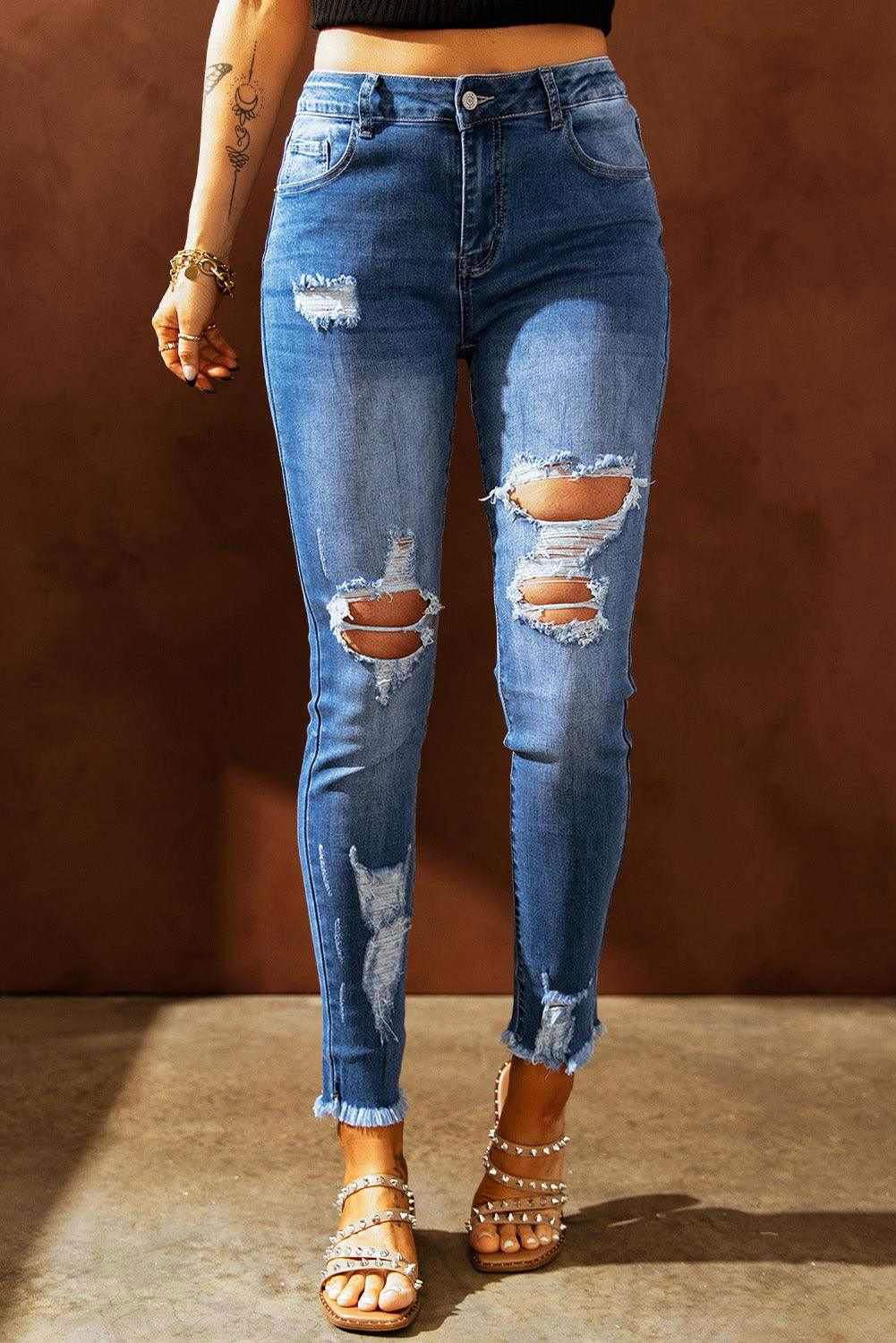 Light Blue High Waist Distressed Skinny Jeans - Vesteeto