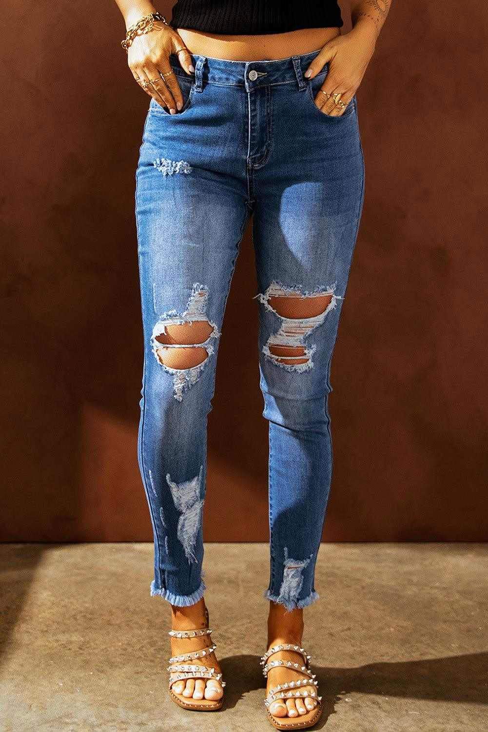 Light Blue High Waist Distressed Skinny Jeans - Vesteeto