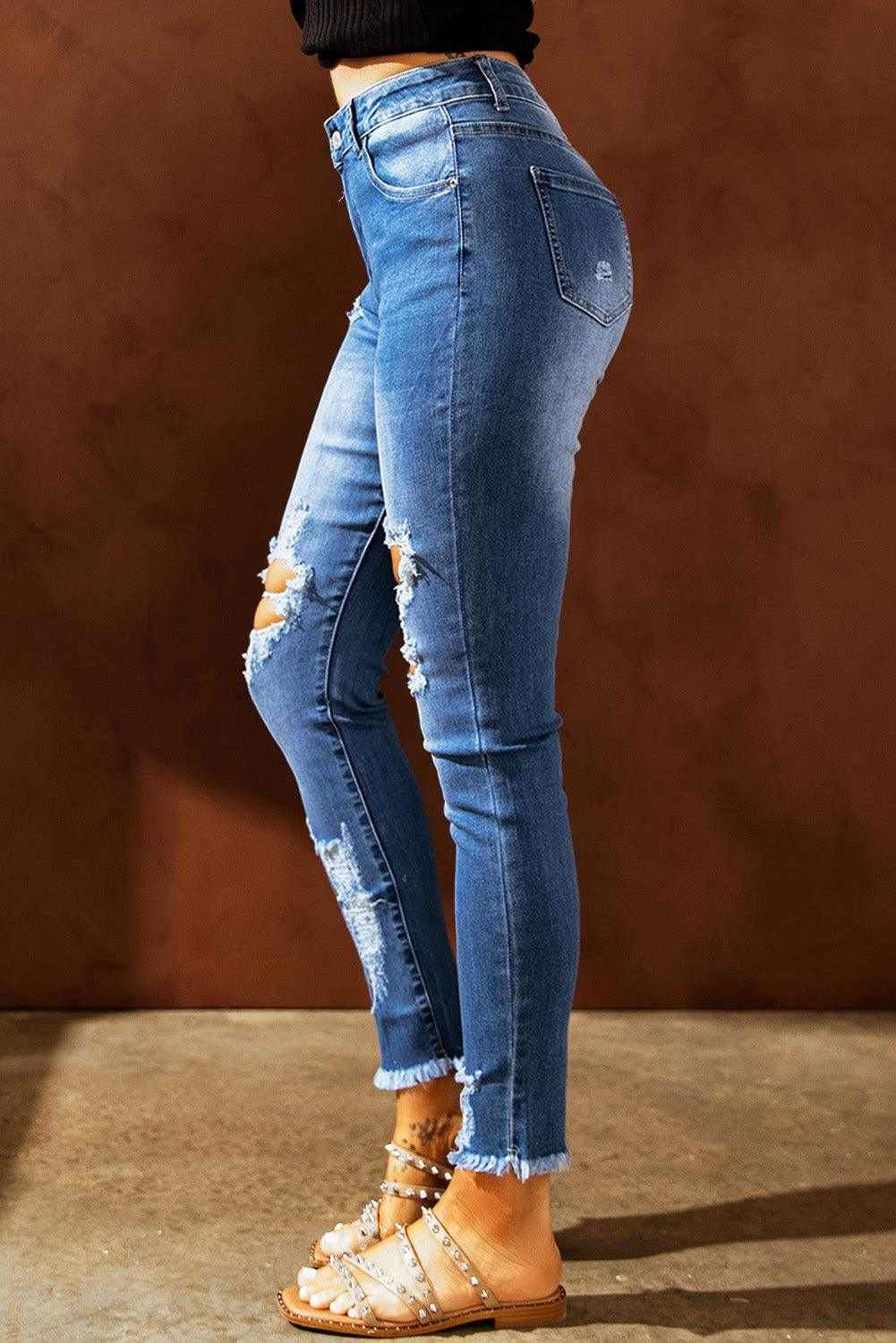 Light Blue High Waist Distressed Skinny Jeans - Vesteeto