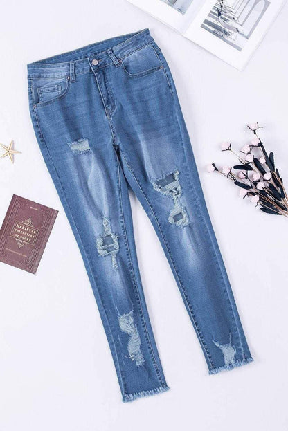 Light Blue High Waist Distressed Skinny Jeans - Vesteeto