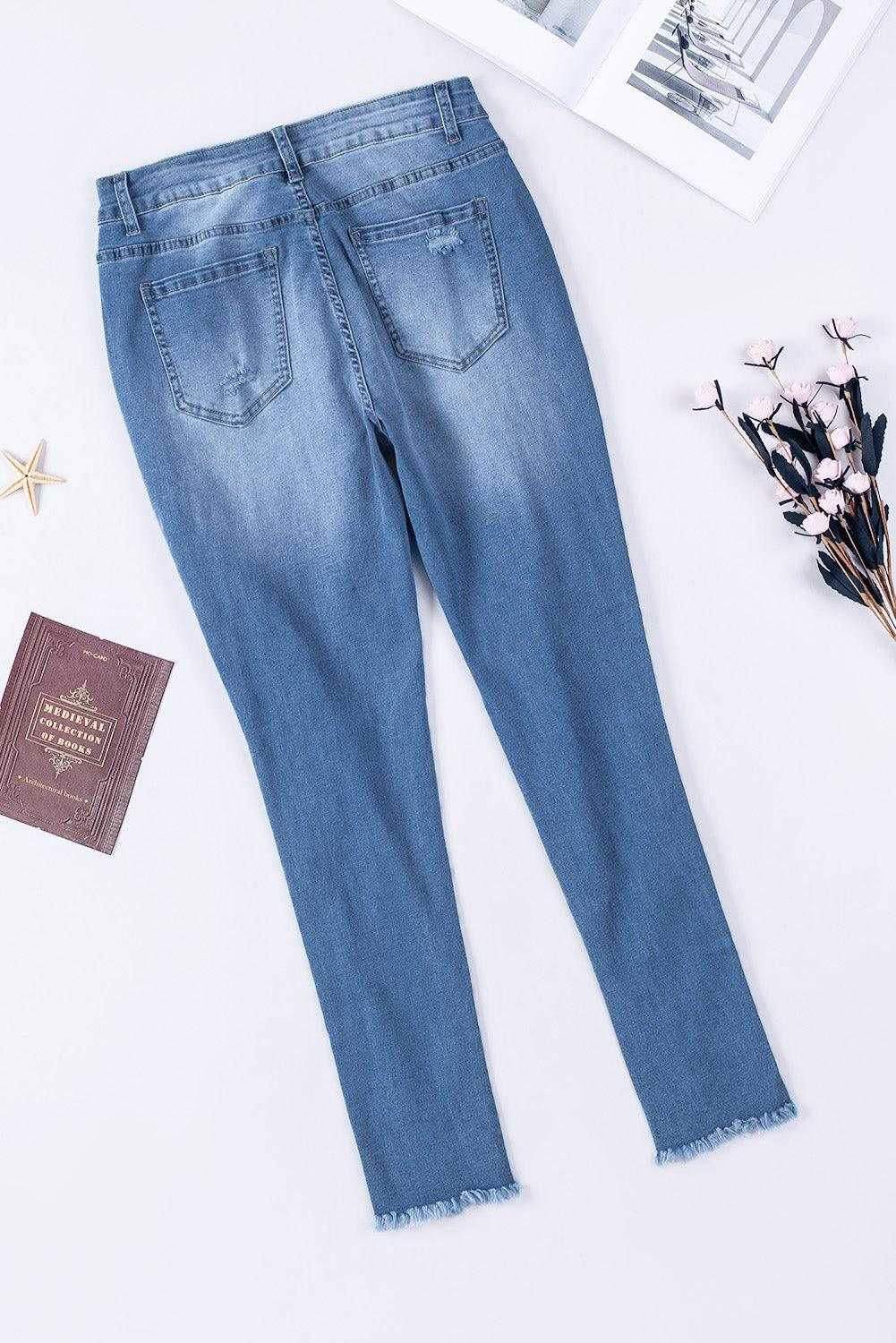 Light Blue High Waist Distressed Skinny Jeans - Vesteeto