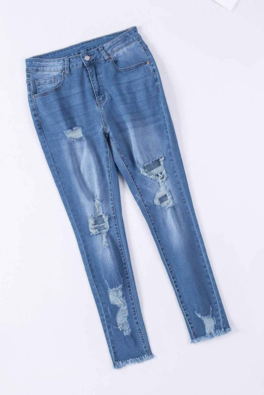 Light Blue High Waist Distressed Skinny Jeans - Vesteeto