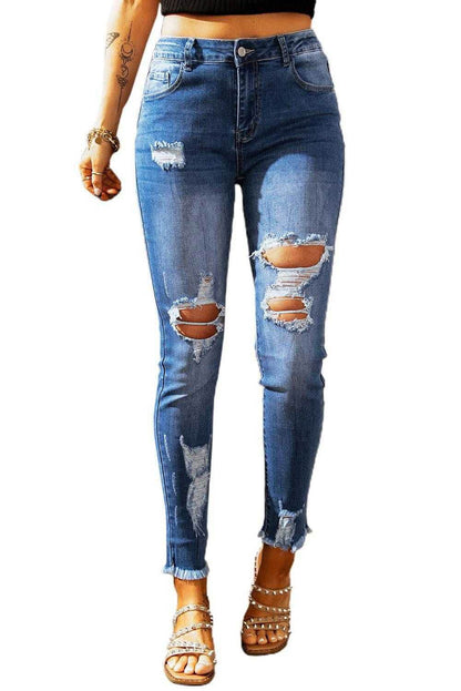 Light Blue High Waist Distressed Skinny Jeans - Vesteeto